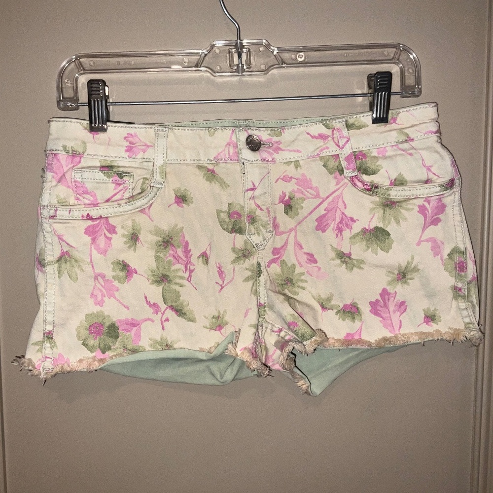 BLEULAB Reversible Denim Cut Off Jeans Shorts Green Pink Floral 8 Pocket Size 27